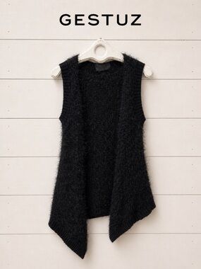 GESTUZ – Black Fuzzy Knit Asymmetrical Sleeveless Top – Size S